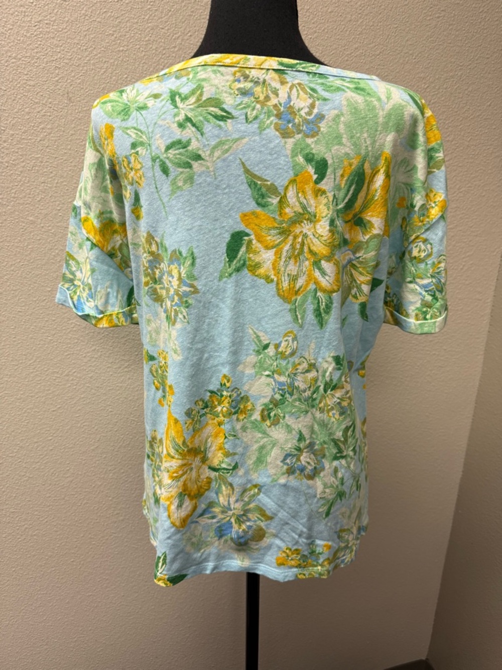 Talbots Floral Linen Blend Top Blue Yellow Short Sleeve Summer Shirt L - Picture 5 of 9
